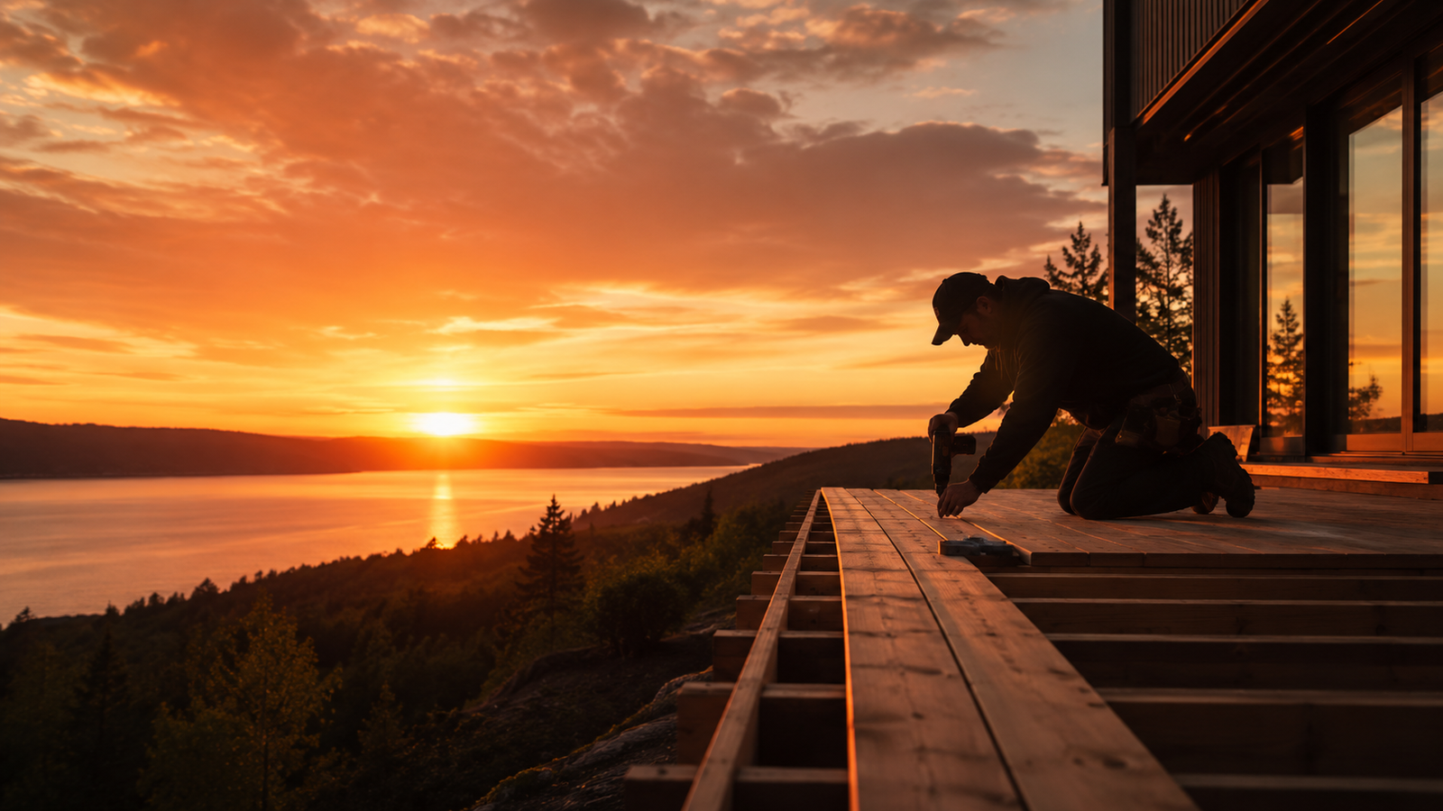 Carpenter building a timber deck overlooking water at sunset