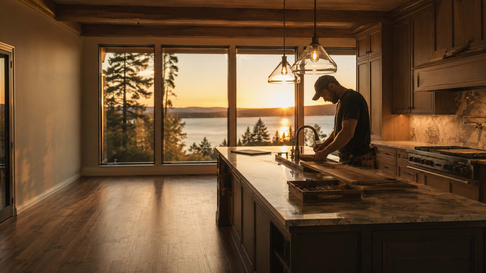 Carpenter finishing a warm wooden kitchen at sunset