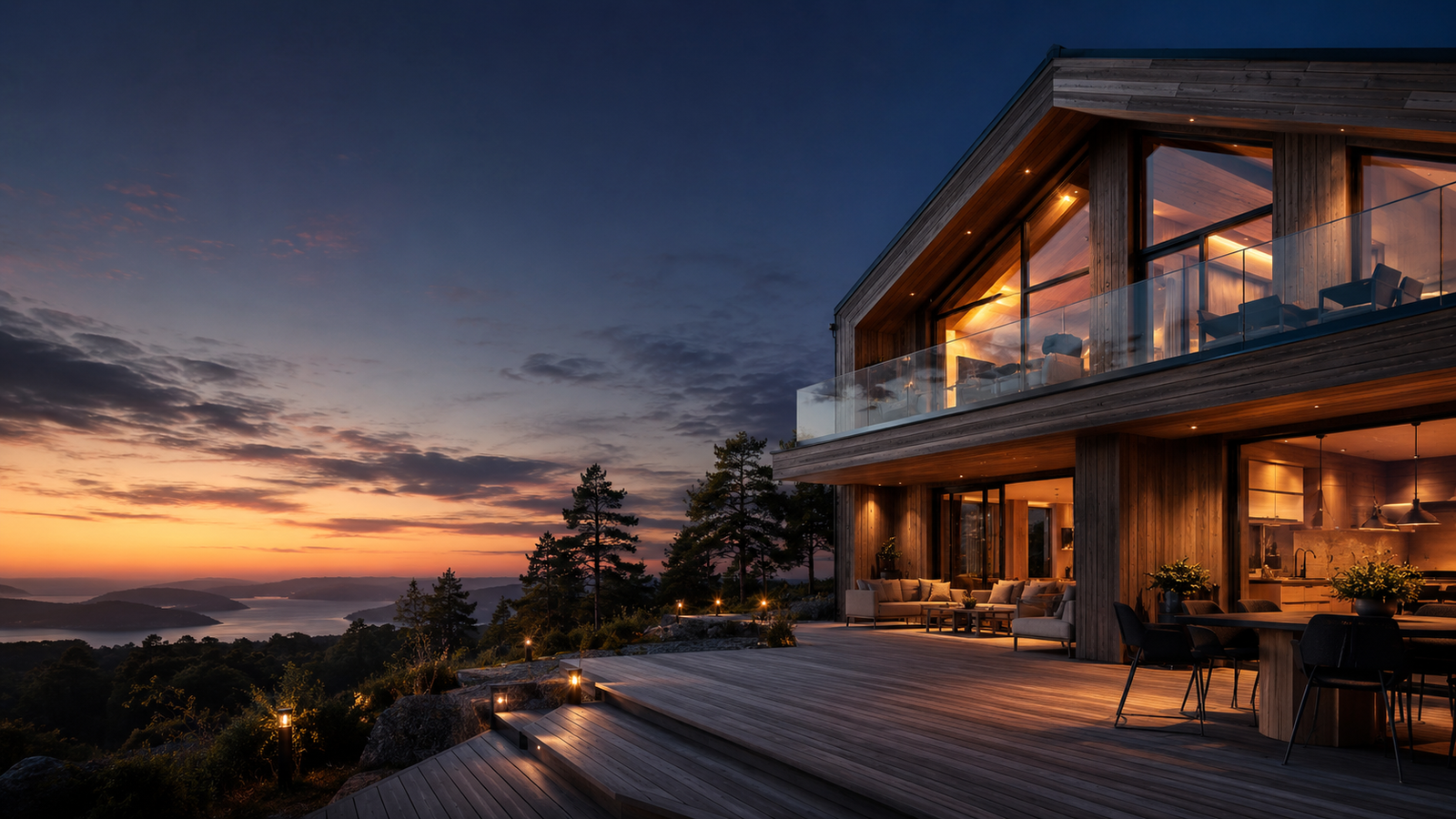 Modern timber home with a large deck and warm evening lighting